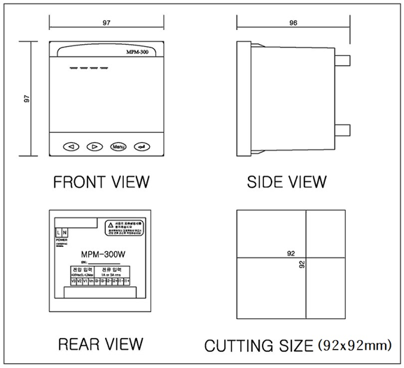 MPM-300 외형 치수도 (FRONT VIEW · SIDE VIEW · REAR VIEW · CUTTING SIZE 92×92mm)